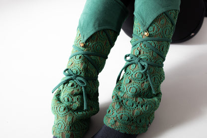 Warmly Lined Leg Warmers, Boot Cuffs - with Lacing and Brass Bells - mint green