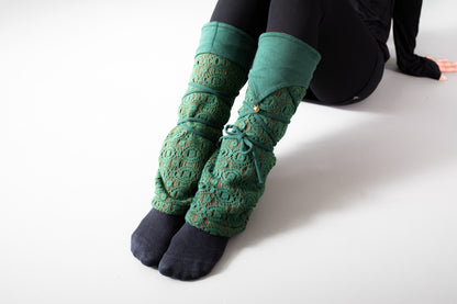 Warmly Lined Leg Warmers, Boot Cuffs - with Lacing and Brass Bells - mint green