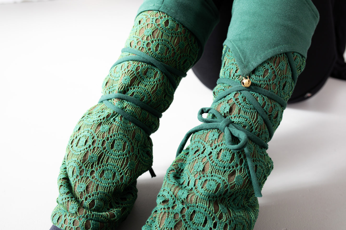 Warmly Lined Leg Warmers, Boot Cuffs - with Lacing and Brass Bells - mint green