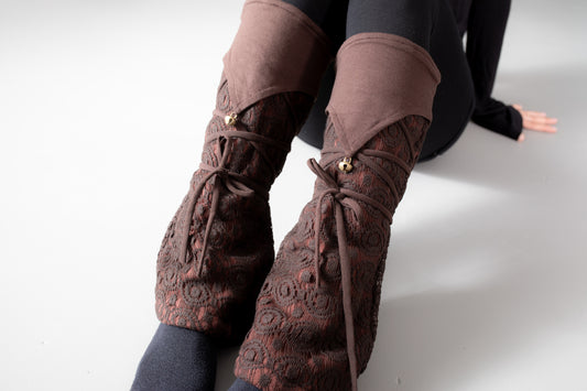 Warmly Lined Leg Warmers, Boot Cuffs - with Lacing and Brass Bells - brown