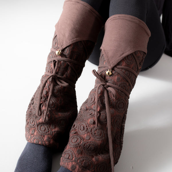 Warmly Lined Leg Warmers, Boot Cuffs - with Lacing and Brass Bells - brown