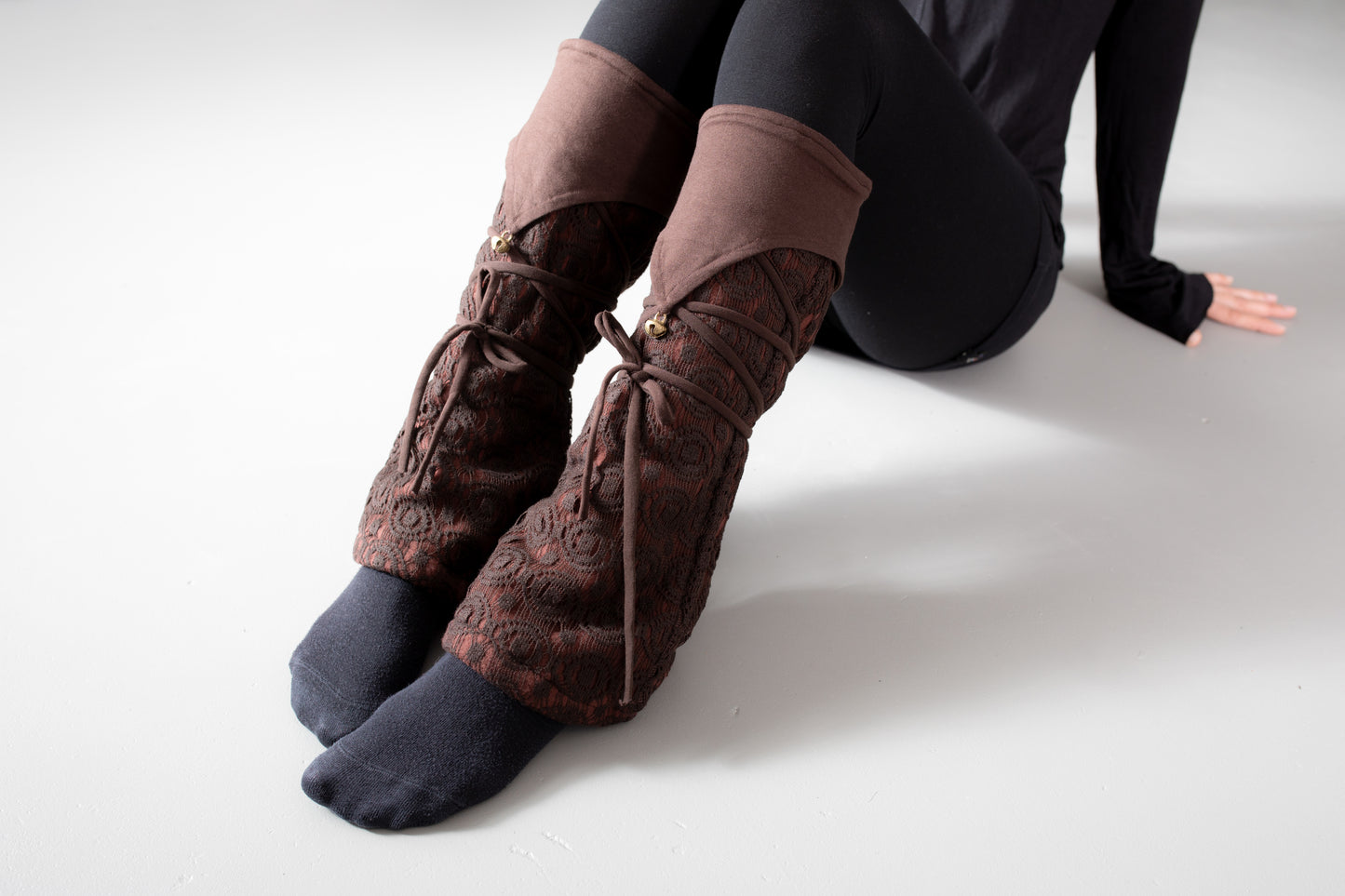 Warmly Lined Leg Warmers, Boot Cuffs - with Lacing and Brass Bells - brown