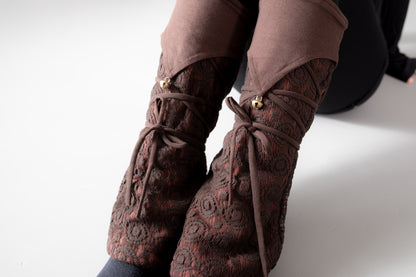 Warmly Lined Leg Warmers, Boot Cuffs - with Lacing and Brass Bells - brown