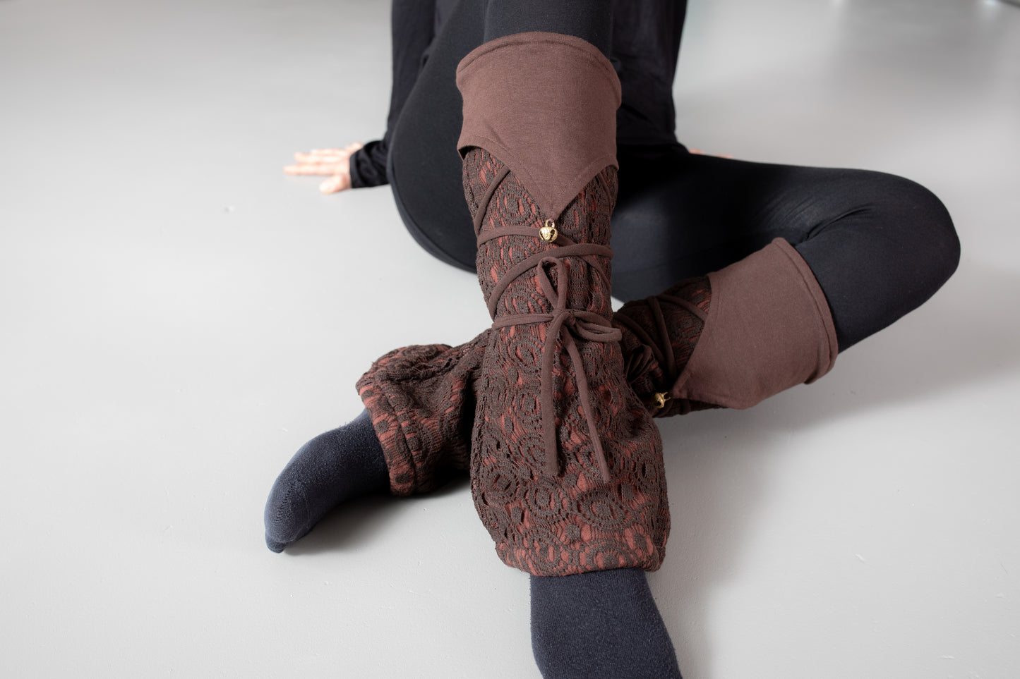 Warmly Lined Leg Warmers, Boot Cuffs - with Lacing and Brass Bells - brown