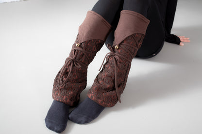 Warmly Lined Leg Warmers, Boot Cuffs - with Lacing and Brass Bells - brown