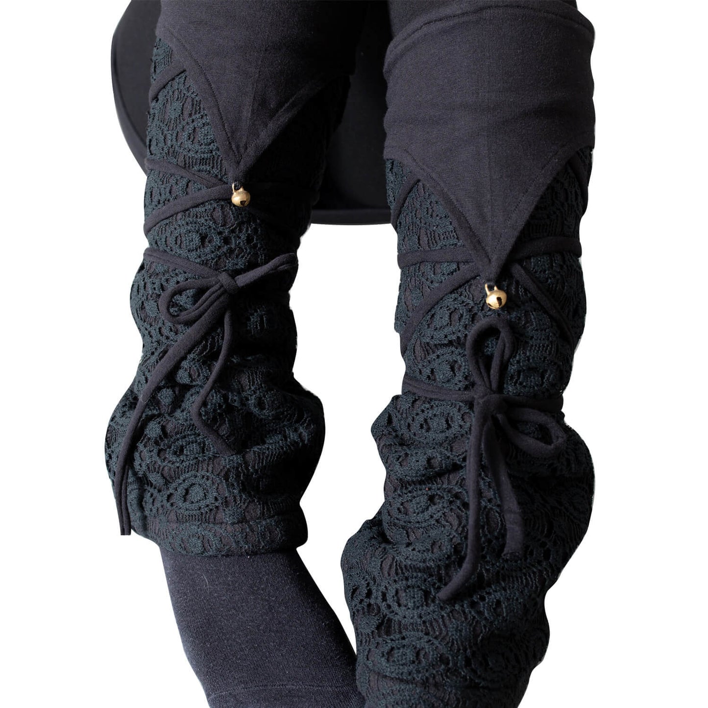 Warmly Lined Leg Warmers, Boot Cuffs - with Lacing and Brass Bells - black