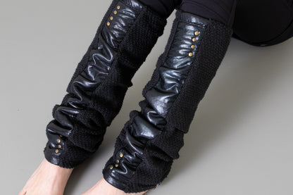 Leg warmers with shiny fabric and rivets - psy trance, cyberpunk - black