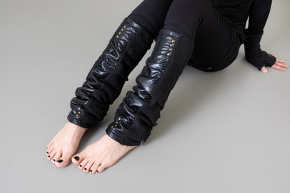 Leg warmers with shiny fabric and rivets - psy trance, cyberpunk - black