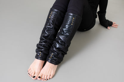 Leg warmers with shiny fabric and rivets - psy trance, cyberpunk - black