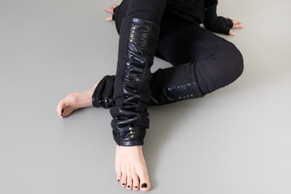 Leg warmers with shiny fabric and rivets - psy trance, cyberpunk - black