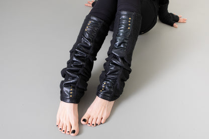 Leg warmers with shiny fabric and rivets - psy trance, cyberpunk - black