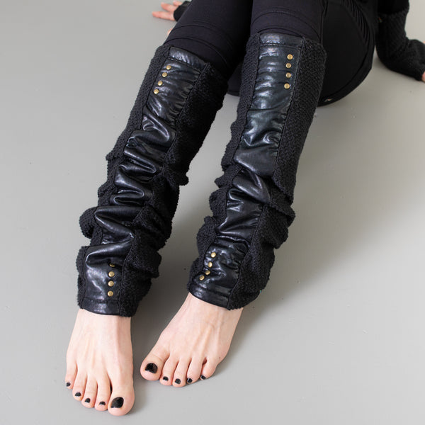 Leg warmers with shiny fabric and rivets - psy trance, cyberpunk - black