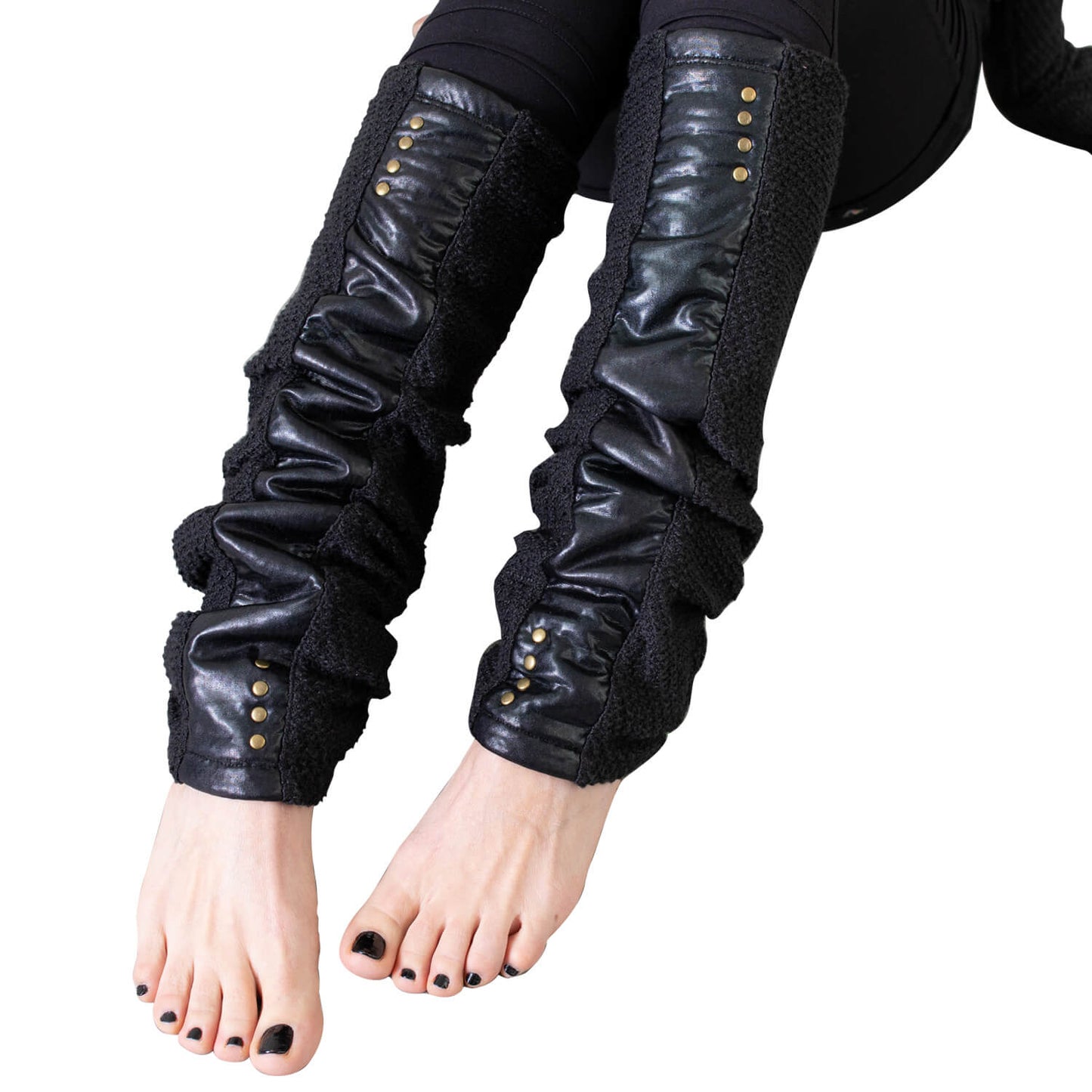 Leg warmers with shiny fabric and rivets - psy trance, cyberpunk - black