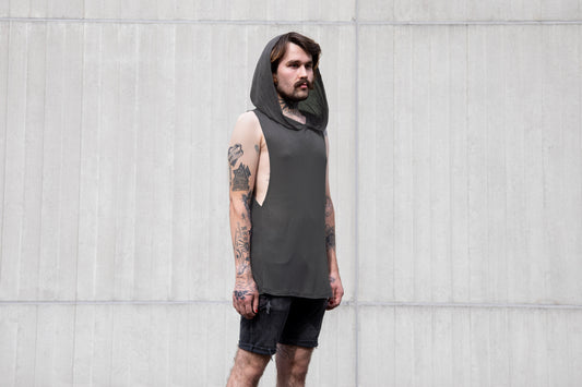 Transparentes Tanktop - mit Kapuze - metall-grau