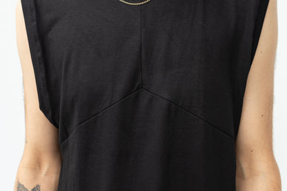 Detailaufnahme von schwarzem Tanktop mit Dekonähten.