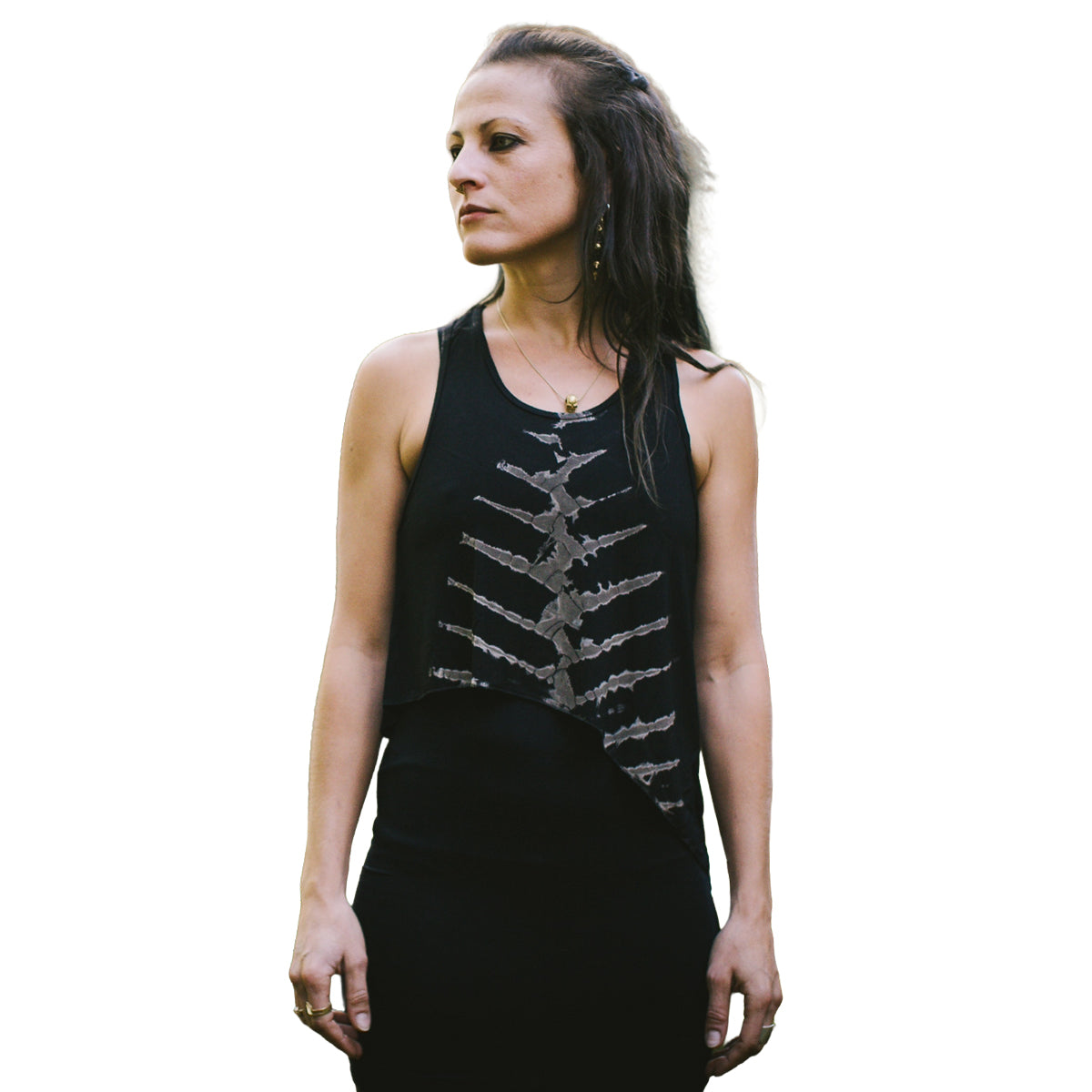 Asymmetrisches Batik Tanktop mit Knochenmuster in Schwarz, Beige und Grau