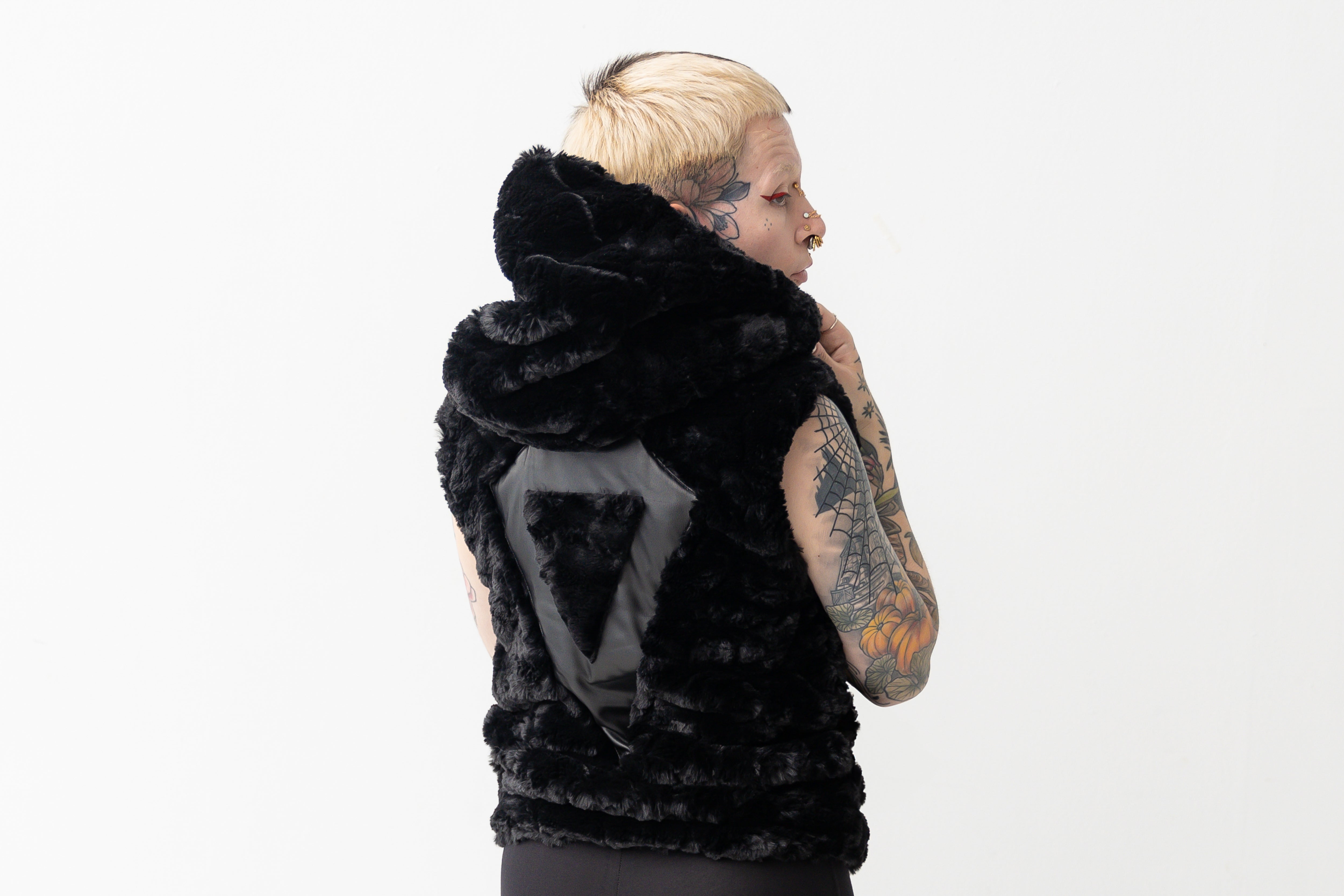 Vest - of Artificial Fur, with Hood and Pockets - black