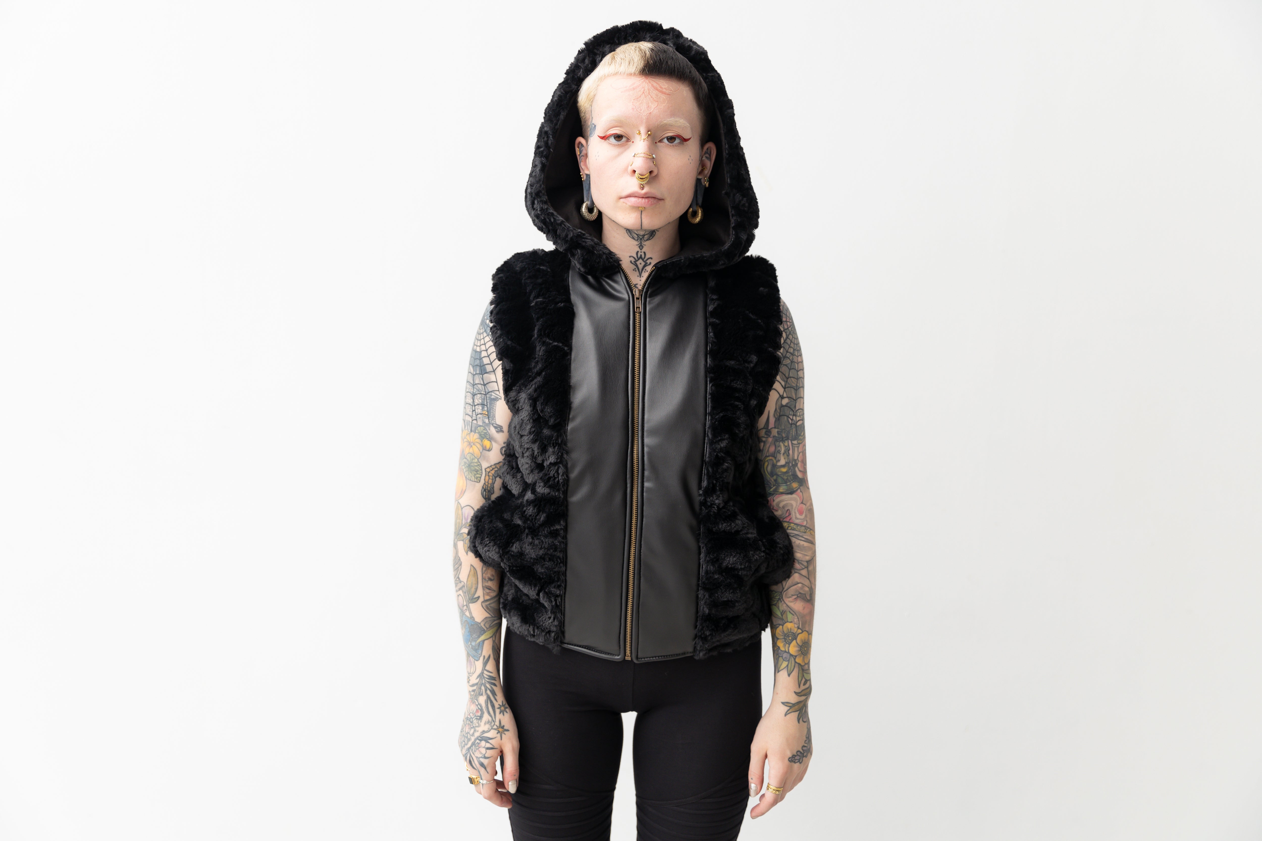 Vest - of Artificial Fur, with Hood and Pockets - black