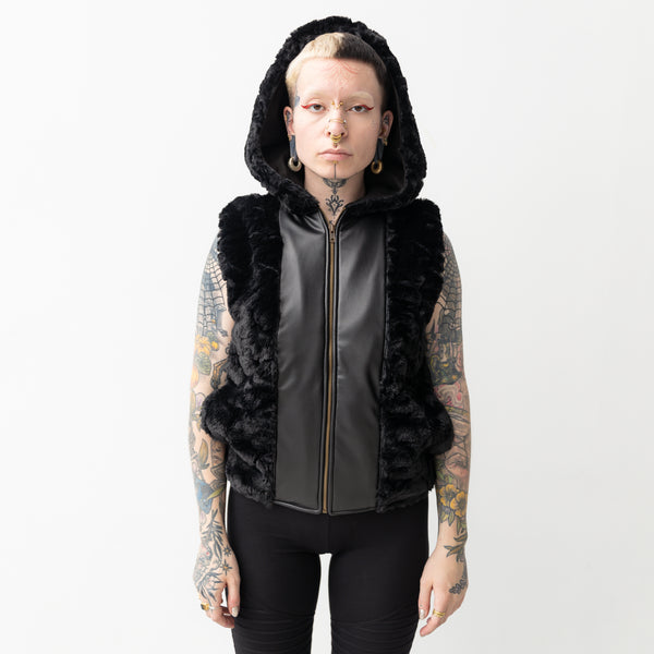 Vest - of Artificial Fur, with Hood and Pockets - black