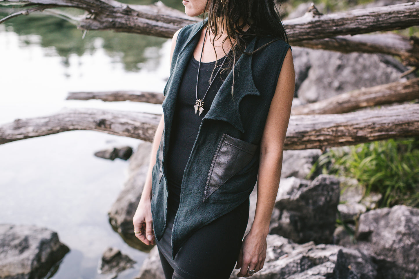 Vest with Rivets and Artificial Leather - gray