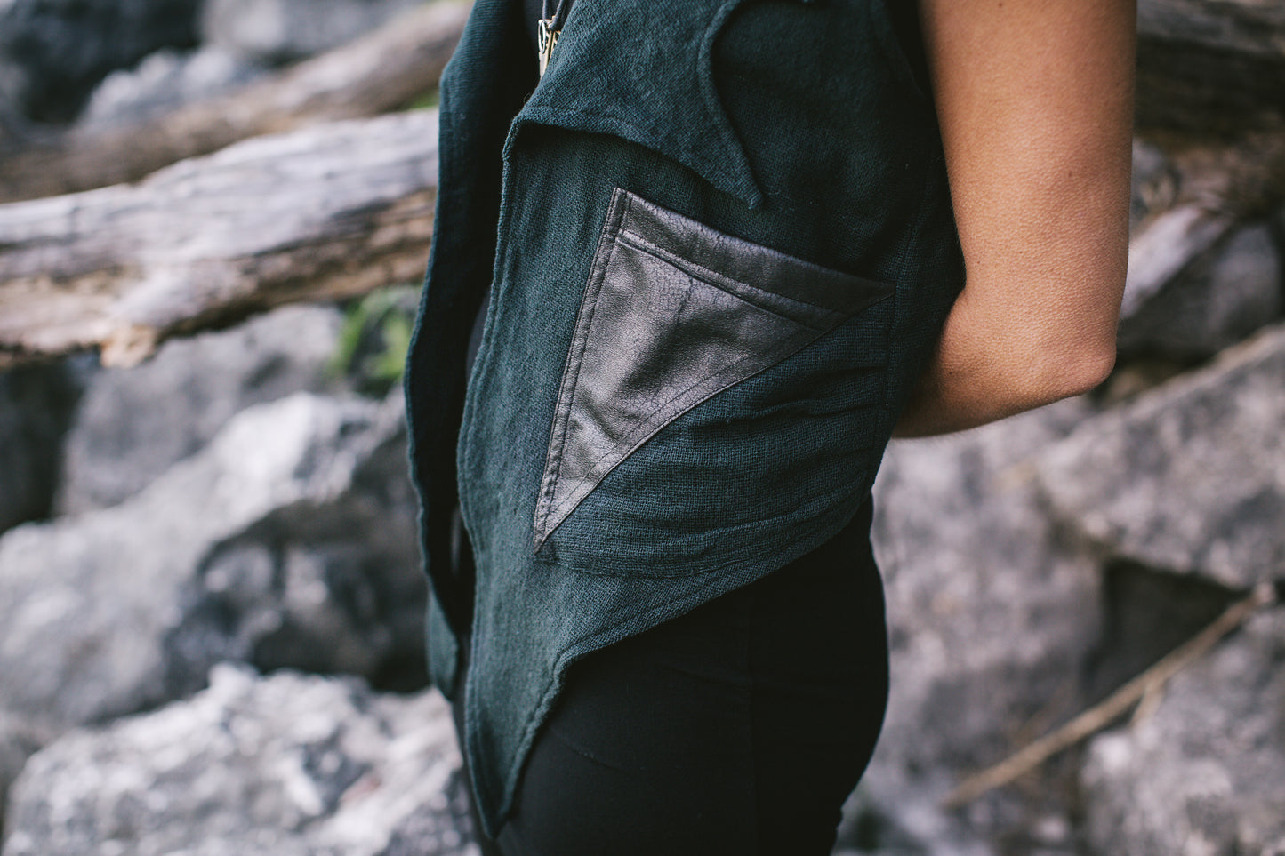 Vest with Rivets and Artificial Leather - gray