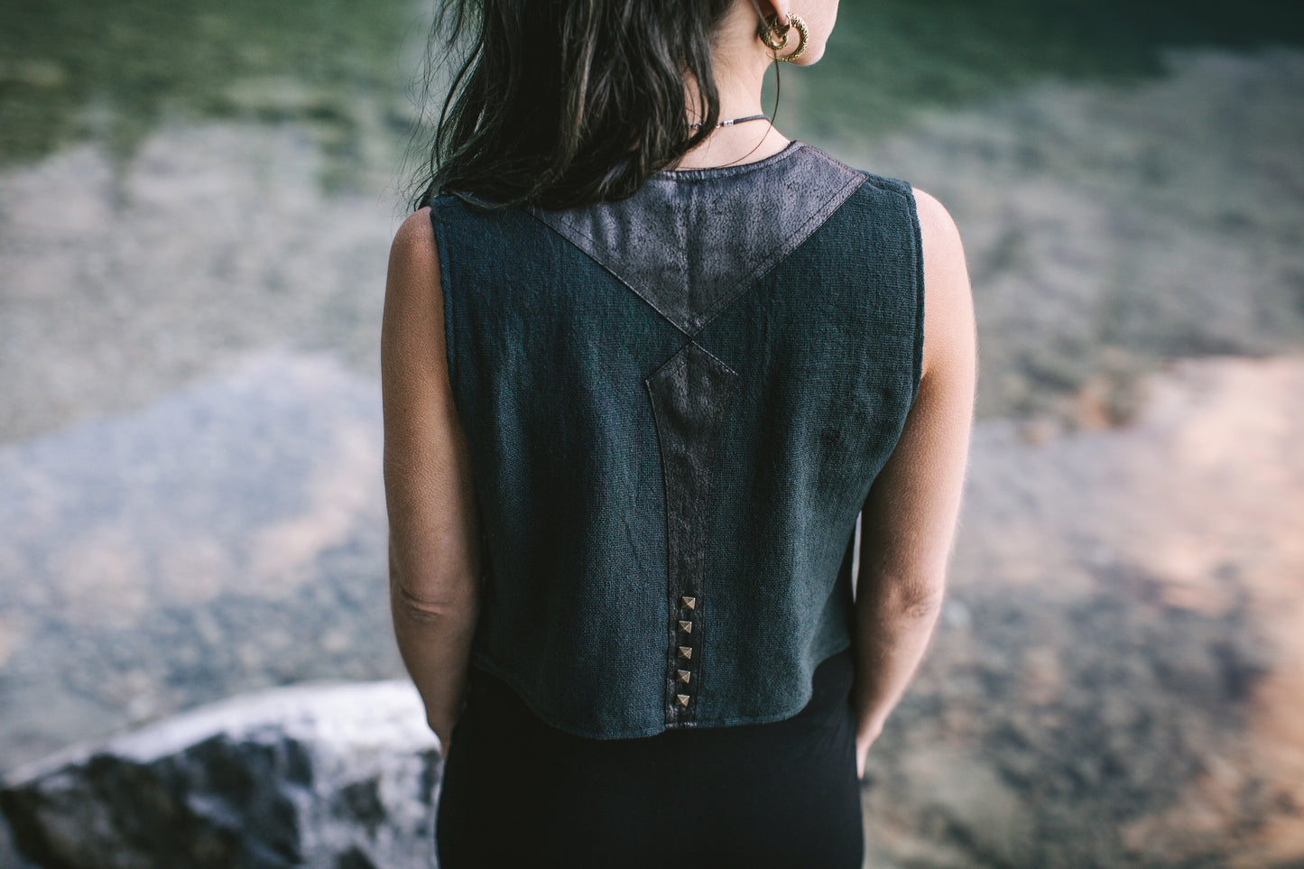 Vest with Rivets and Artificial Leather - gray