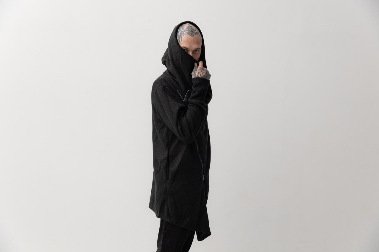 CARDIGAN - Knitted Coat, with diagonal zipper and hood - black