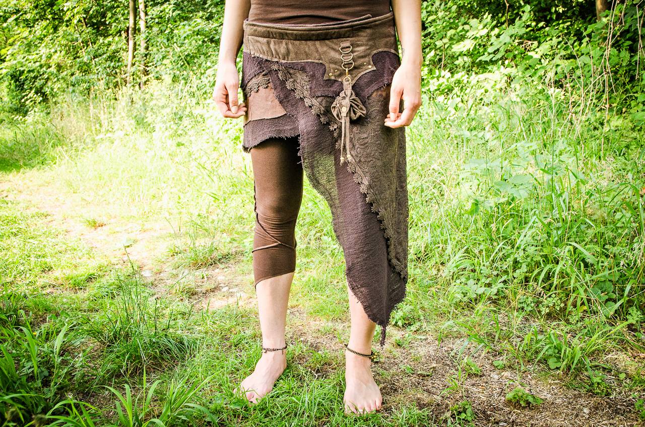 Traveler Earn wound ASYMMETRICAL SKIRT with Pouch - Wrap Around Skirt, Layered Skirt - with  Lace and Rivets - brown