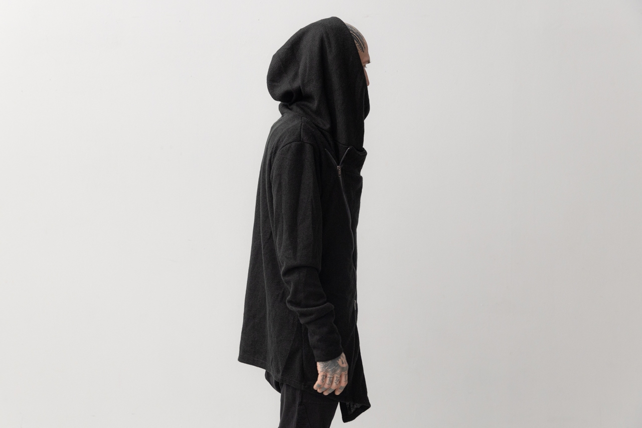 CARDIGAN - Knitted Coat, with diagonal zipper and hood - black