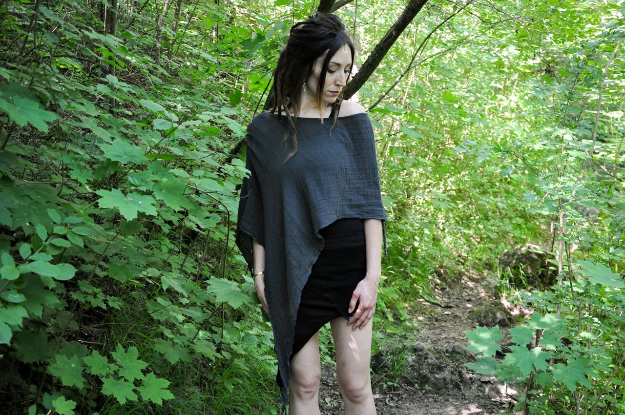 Poncho, Hood, Scarf - Asymmetrical Cut, with Long Pointy Ends - gray