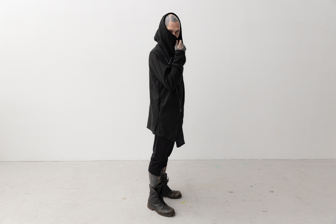 CARDIGAN - Knitted Coat, with diagonal zipper and hood - black