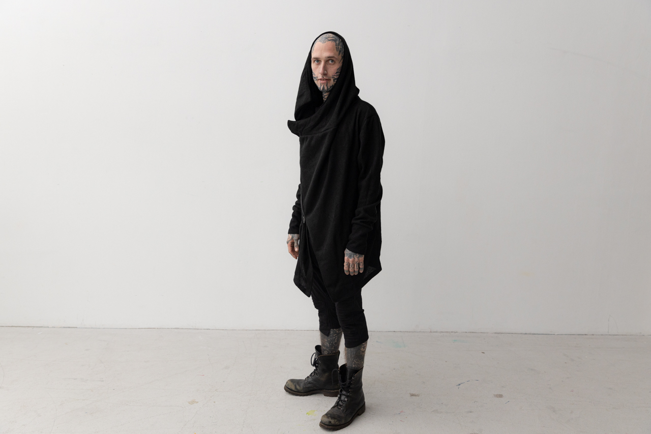 CARDIGAN - Knitted Coat, with diagonal zipper and hood - black