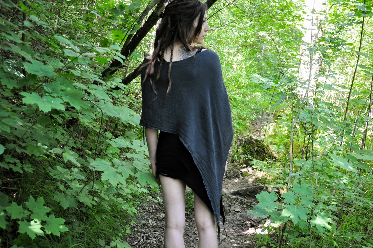 Poncho, Hood, Scarf - Asymmetrical Cut, with Long Pointy Ends - gray