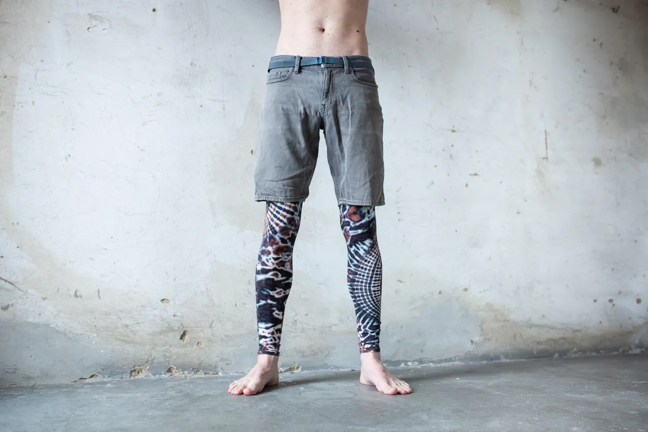 LEGGINGS With an Abstract Floral Pattern Batik, Tie-dye Unisex Black-beige-gray  