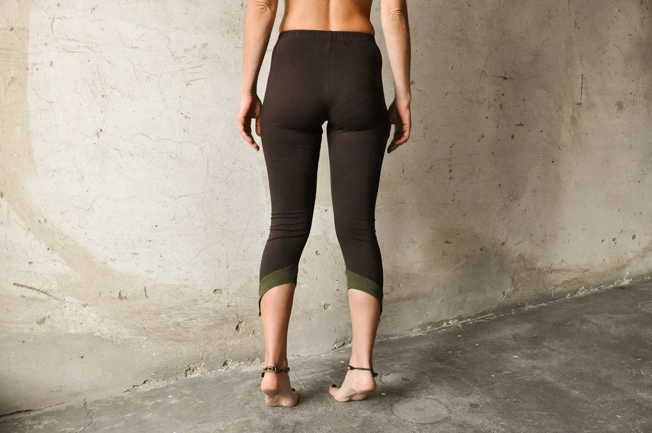THREE-QUARTER LEGGINGS / Capri with Pointed Hem and Beads - brown-olive  green