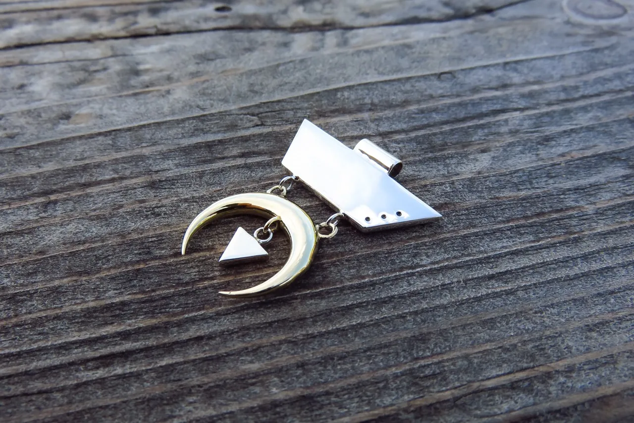 JEWELRY PENDANT - Triangle and Moon Element - silver and brass