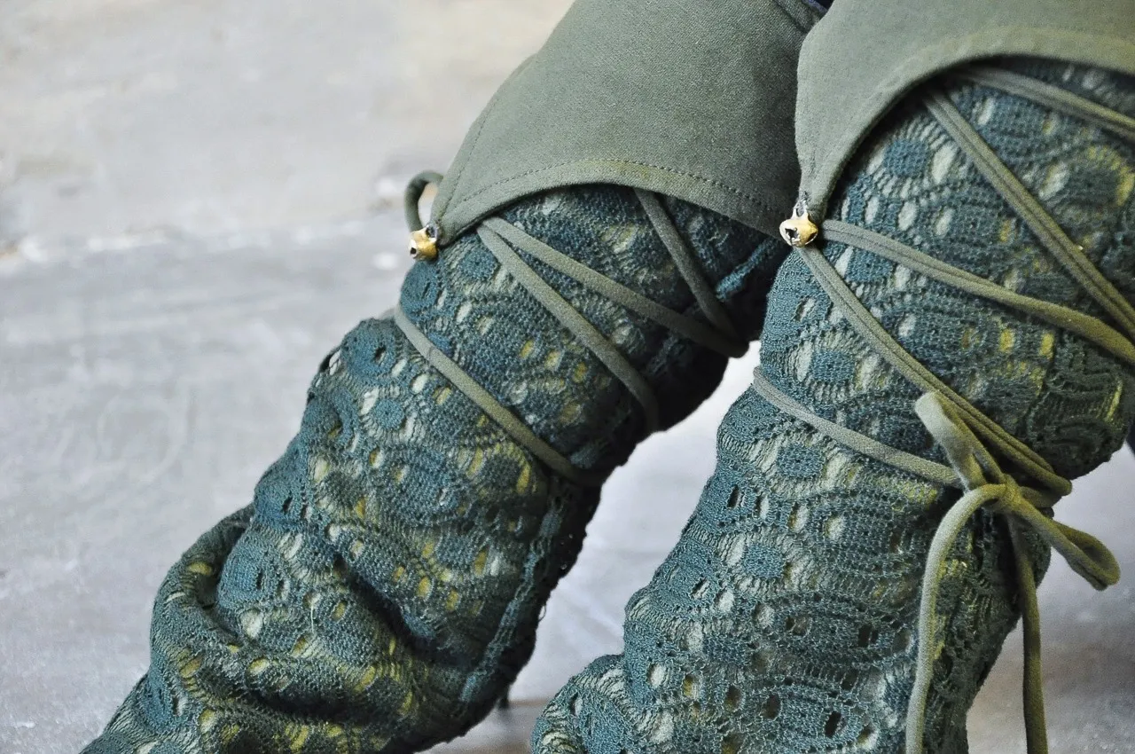 Warmly Lined Leg Warmers, Boot Cuffs - with Lacing and Brass Bells