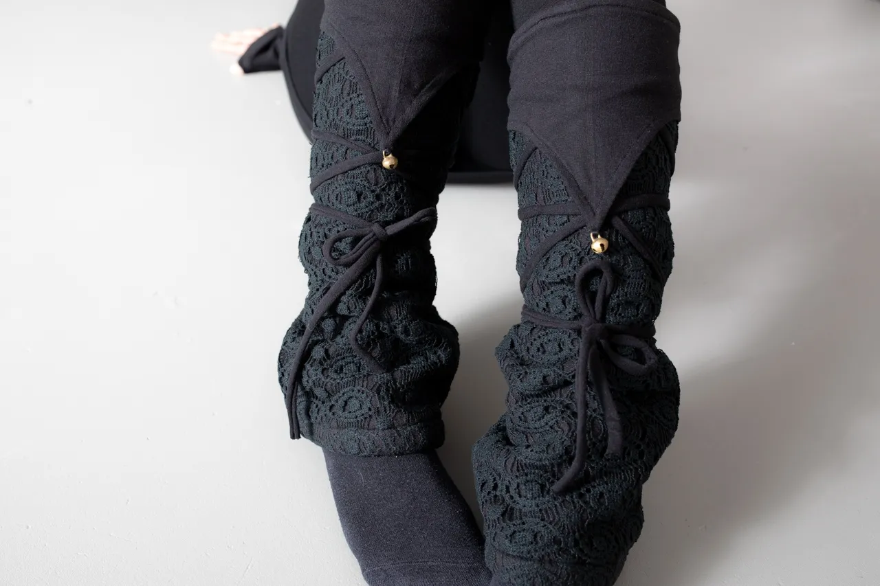 Warmly Lined Leg Warmers, Boot Cuffs - with Lacing and Brass Bells - black
