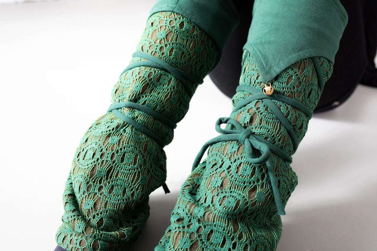Warmly Lined Leg Warmers, Boot Cuffs - with Lacing and Brass Bells